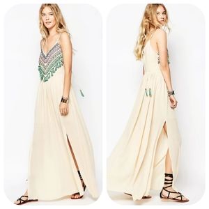 Greylin Nelia Multicolor Embroidered Tassel Beaded Double Slit Maxi Dress Medium